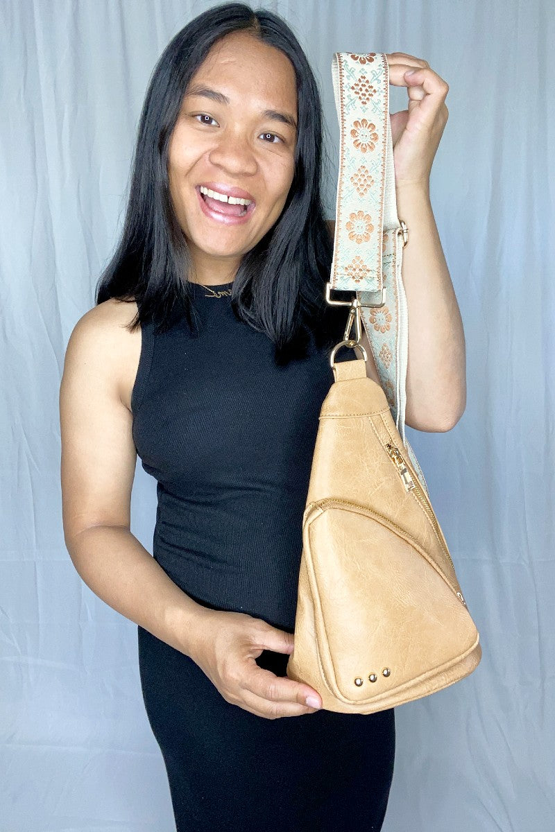 caramel vegan leather sling bag for ladies