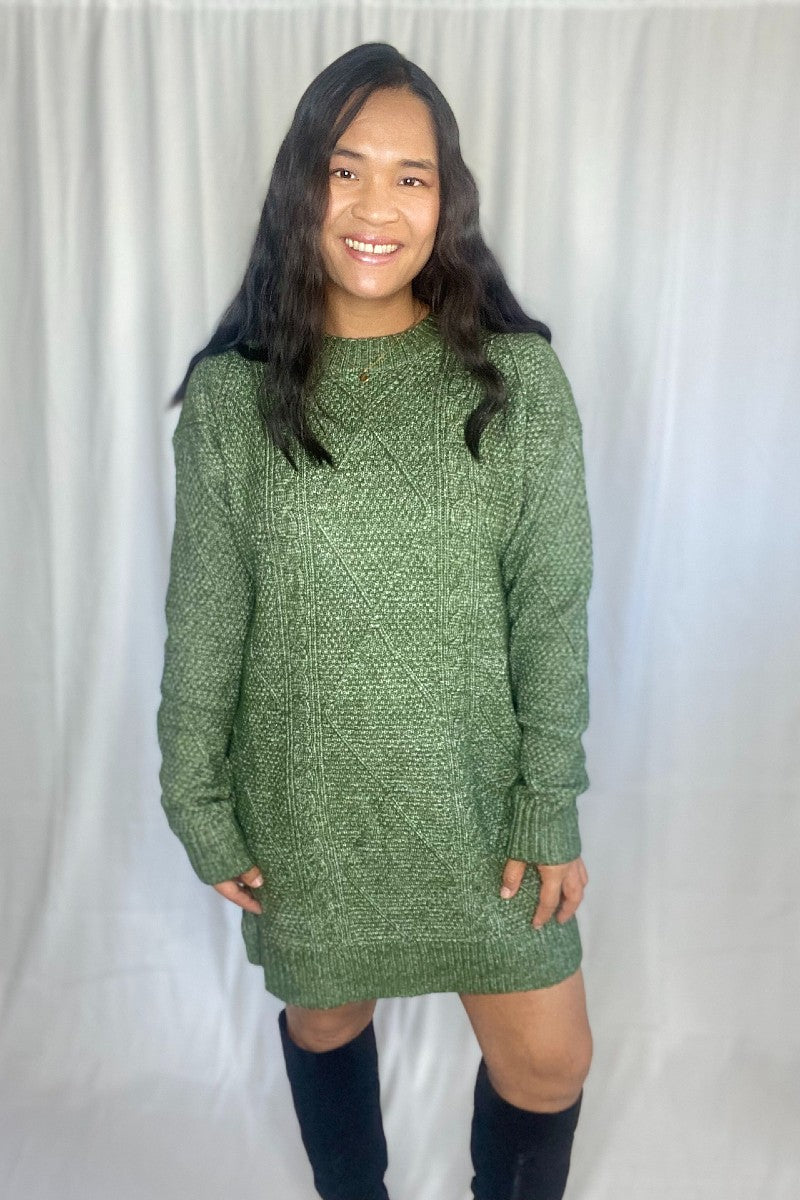 cable knit sweater dress great for fall and winter season. the sweater dress is in mist green color. very comfortable and cozy! Great for everyday!