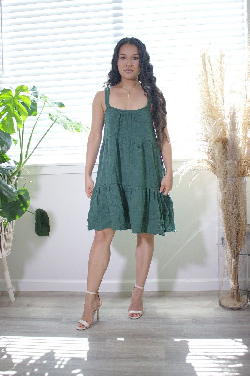 green tiered full skirt dress