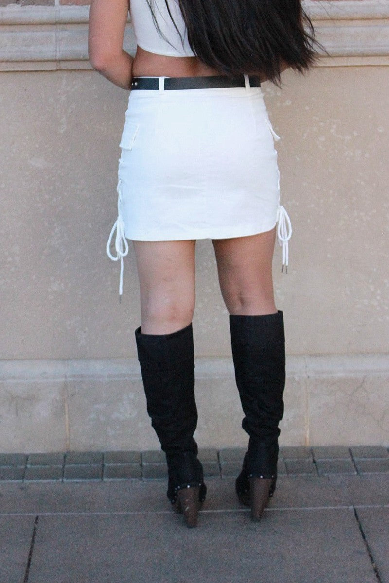 white cargo mini skirt with side ties