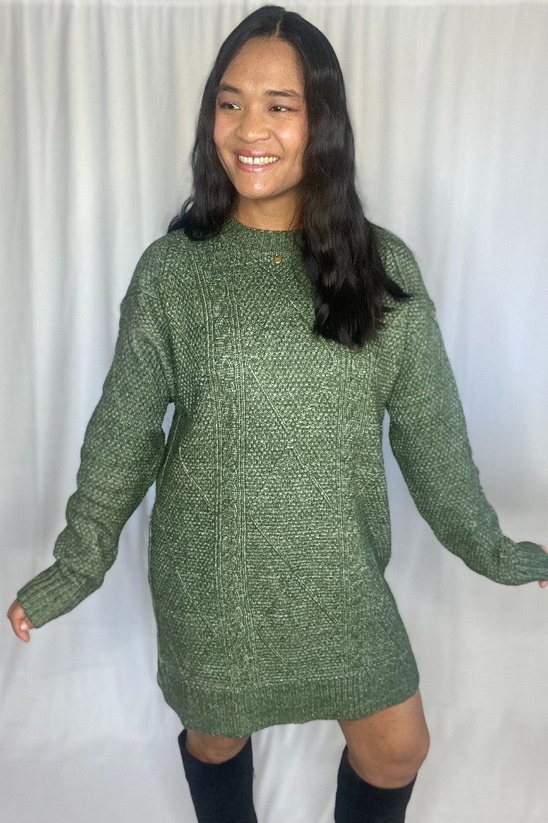 cable knit sweater dress, mist green color, for fall and winter season. sweater dress